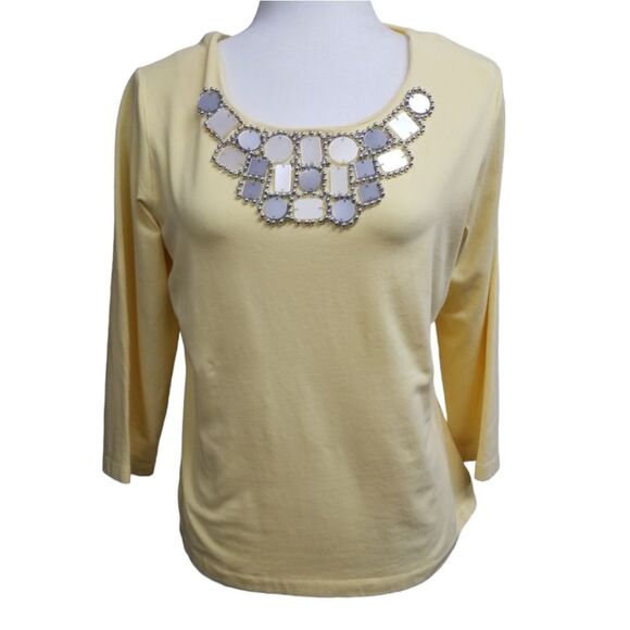 Ruby Rd Scoop Neck Embellished Short Sleeve Yellow Tee Size Medium - Picture 7 of 7